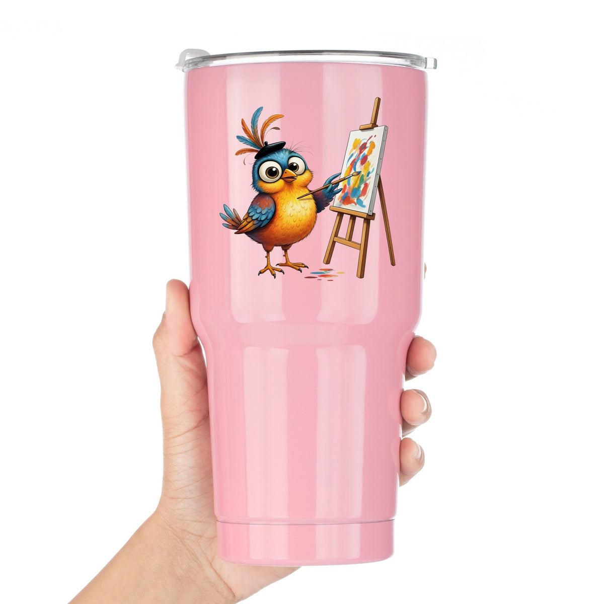 Artist Bird Painting Easel Beret UV DTF sticker applied to a pink tumbler held against a white background