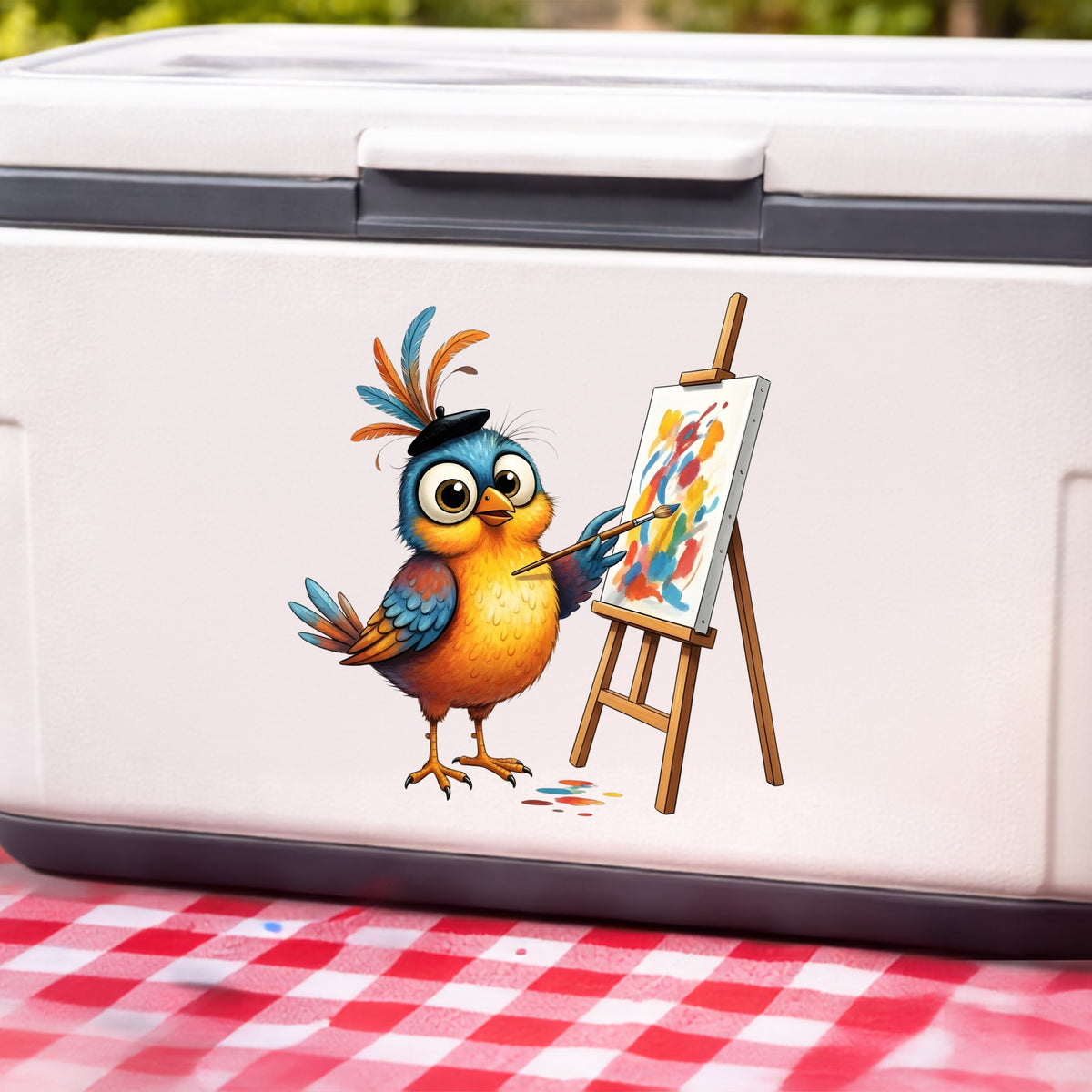Artist Bird Painting Easel Beret UV DTF sticker applied to a white cooler on a red gingham cloth