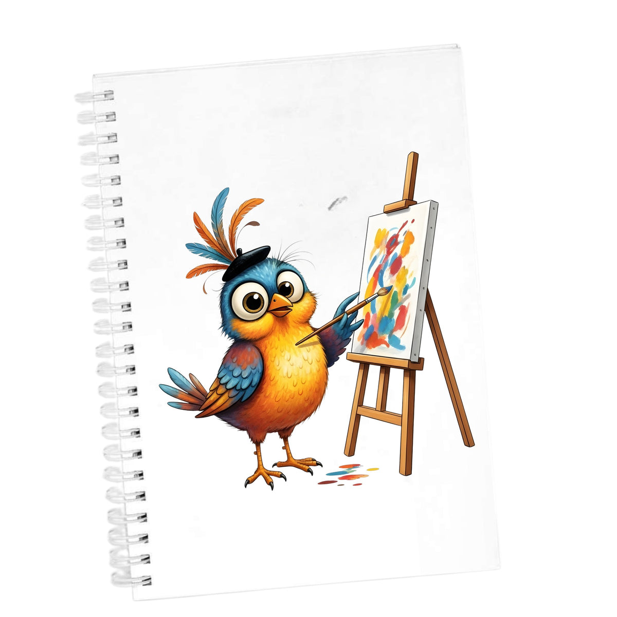 Artist Bird Painting Easel Beret UV DTF sticker applied to the cover of a white spiral journal