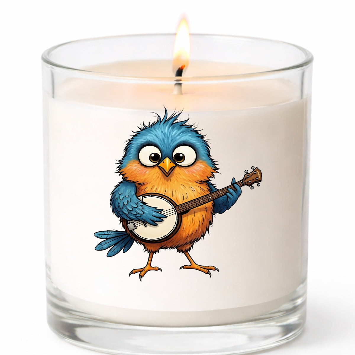Bird Playing Banjo UV DTF sticker applied to a white candle in a clear glass jar