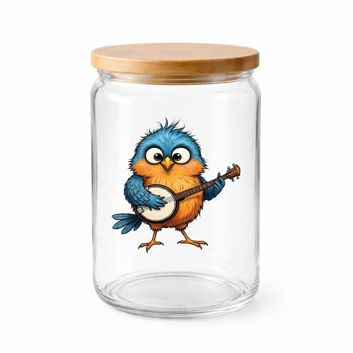 Bird Playing Banjo UV DTF sticker applied to a clear glass jar with a wooden lid