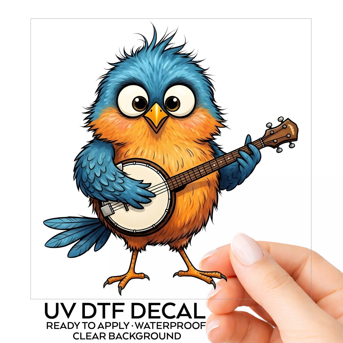 Bird Playing Banjo UV DTF sticker on its backing card, held in hand