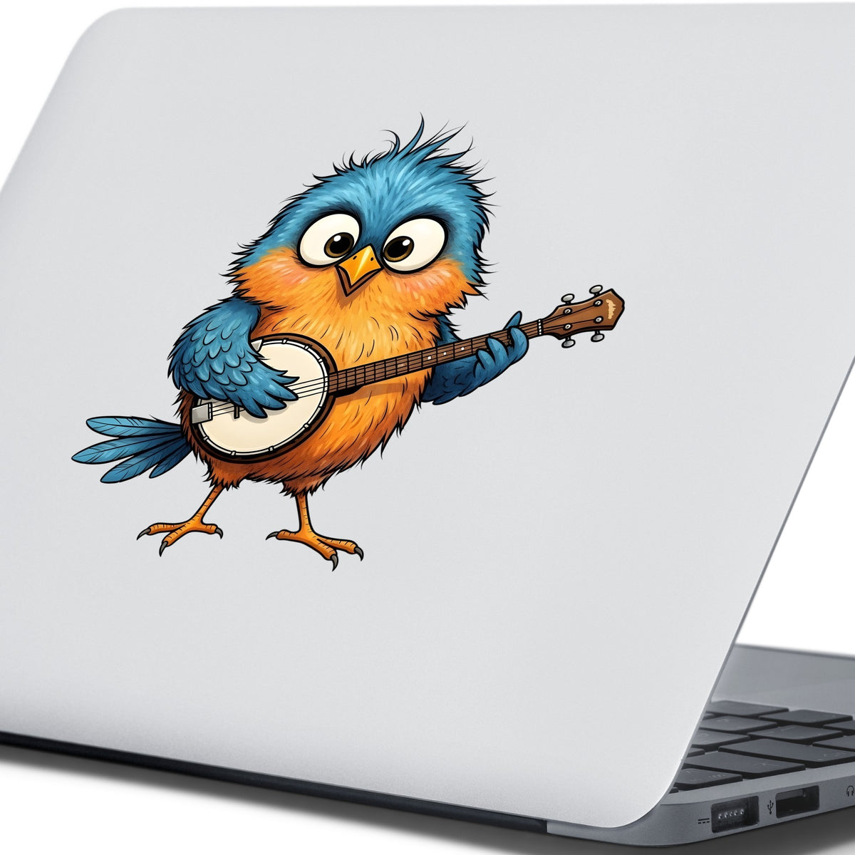 Bird Playing Banjo UV DTF sticker applied to the lid of a silver laptop