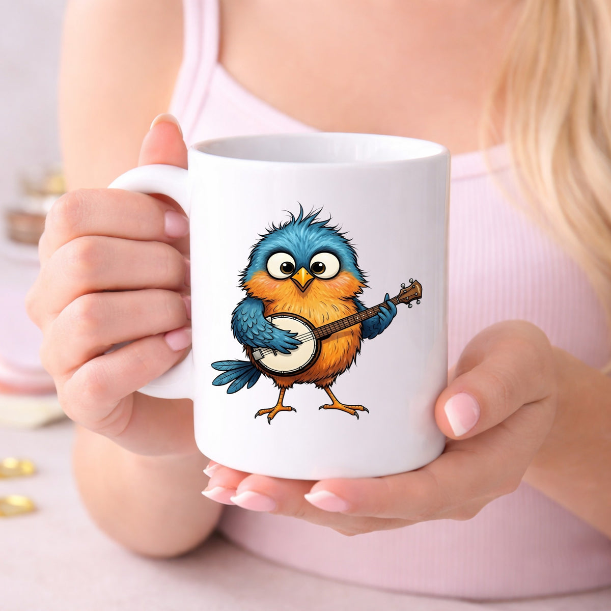 Bird Playing Banjo UV DTF sticker applied to a white coffee mug held in both hands