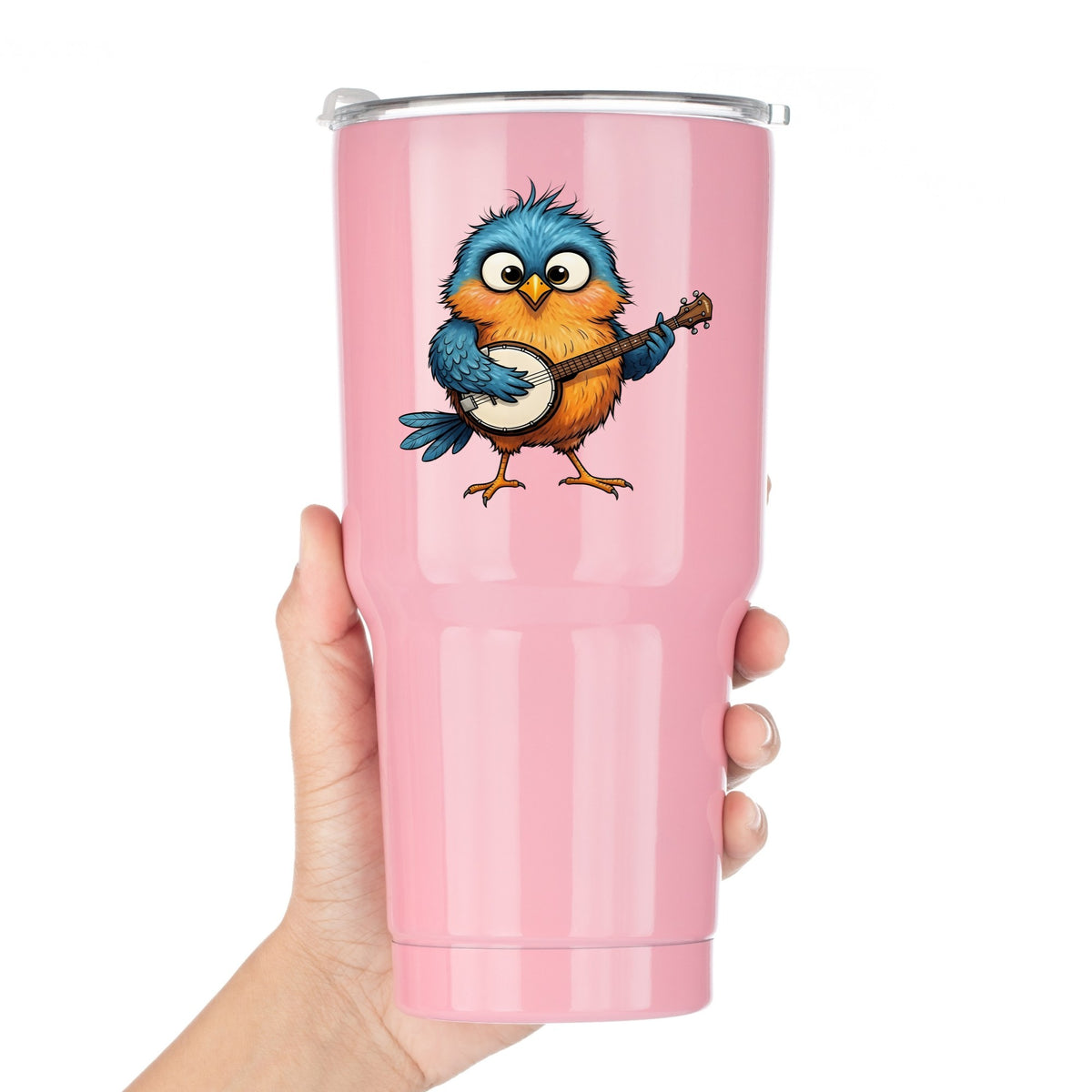 Bird Playing Banjo UV DTF sticker applied to a pink tumbler held against a white background