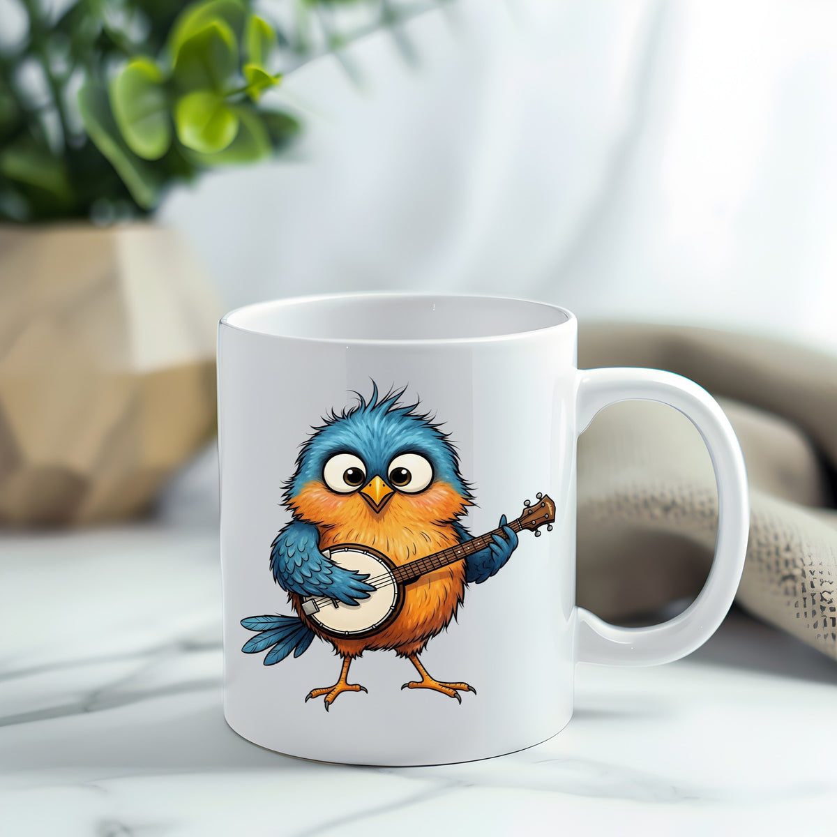 Bird Playing Banjo UV DTF sticker applied to a white coffee mug