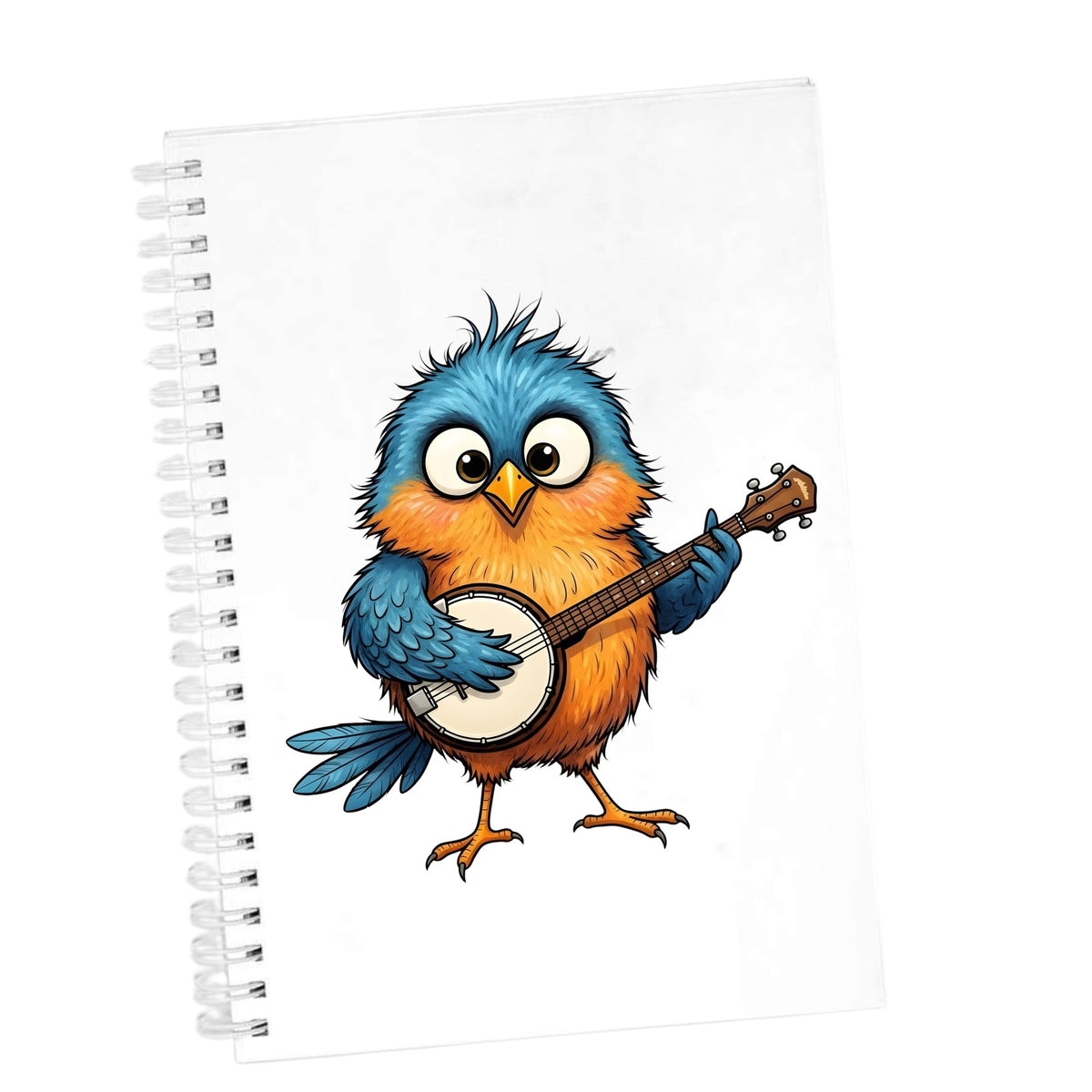 Bird Playing Banjo UV DTF sticker applied to the cover of a white spiral journal