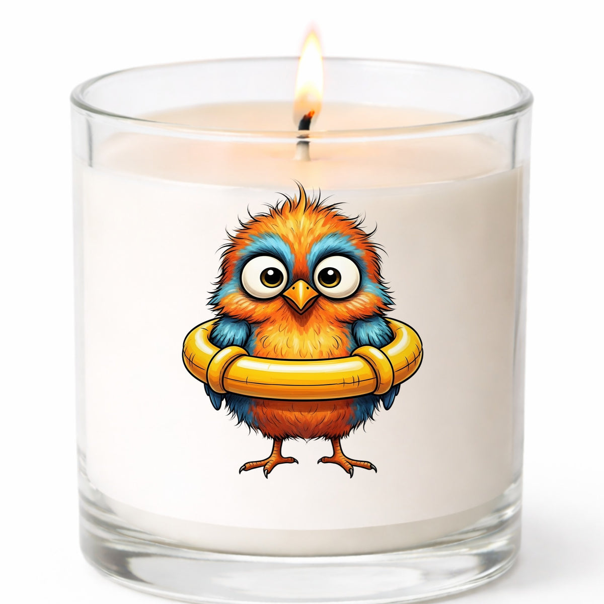 Orange Bird In Swim Ring UV DTF sticker applied to a white candle in a clear glass jar