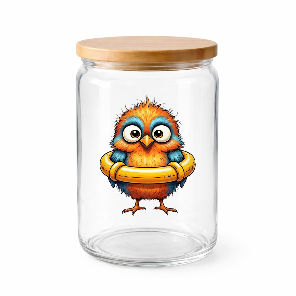 Orange Bird In Swim Ring UV DTF sticker applied to a clear glass jar with a wooden lid