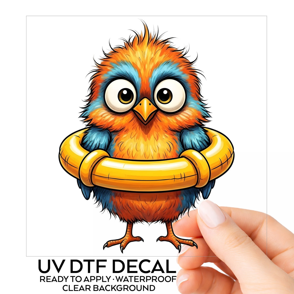 Orange Bird In Swim Ring UV DTF sticker on its backing card, held in hand