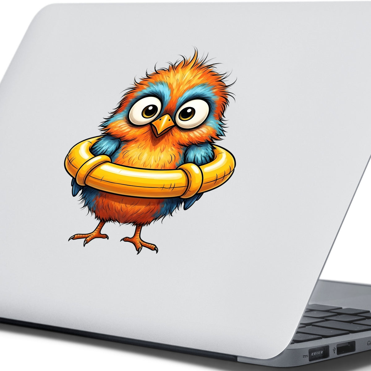 Orange Bird In Swim Ring UV DTF sticker applied to the lid of a silver laptop