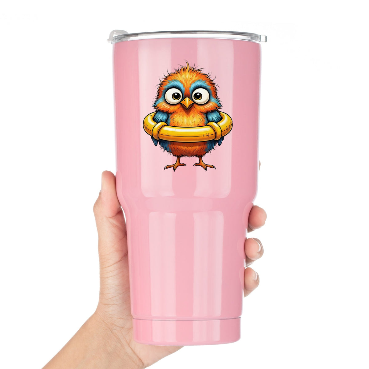 Orange Bird In Swim Ring UV DTF sticker applied to a pink tumbler held against a white background