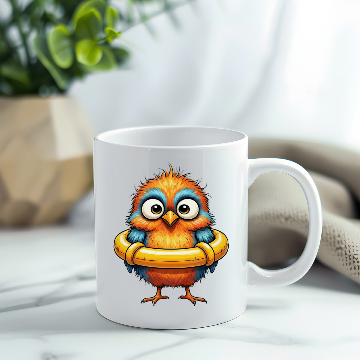Orange Bird In Swim Ring UV DTF sticker applied to a white coffee mug