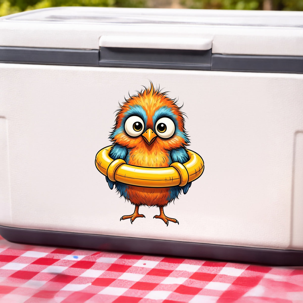 Orange Bird In Swim Ring UV DTF sticker applied to a white cooler on a red gingham cloth