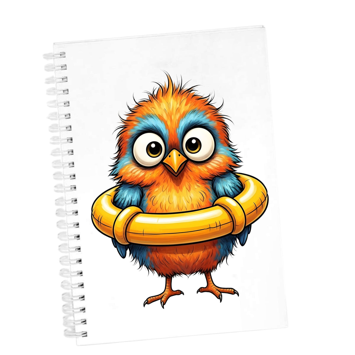 Orange Bird In Swim Ring UV DTF sticker applied to the cover of a white spiral journal