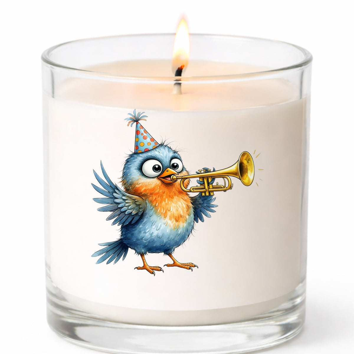 Party Hat Bird Trumpet UV DTF sticker applied to a white candle in a clear glass jar