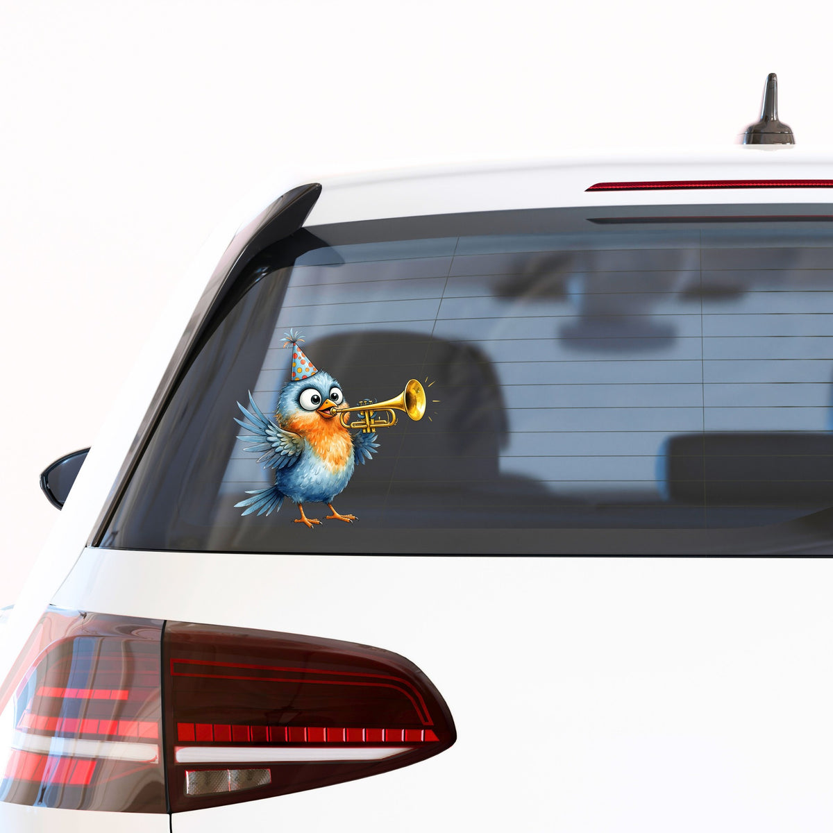 Party Hat Bird Trumpet UV DTF sticker applied to the rear window of a white car