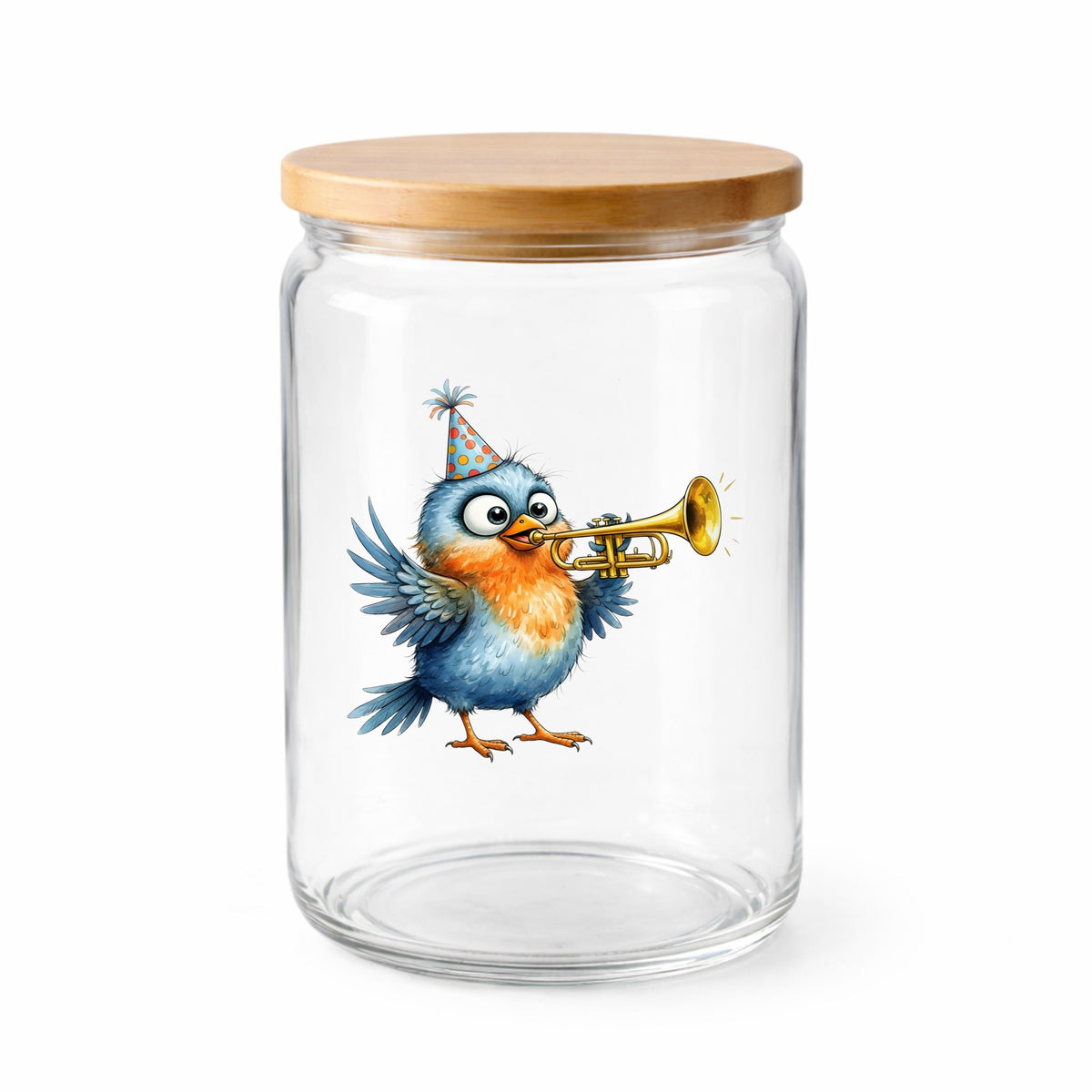 Party Hat Bird Trumpet UV DTF sticker applied to a clear glass jar with a wooden lid
