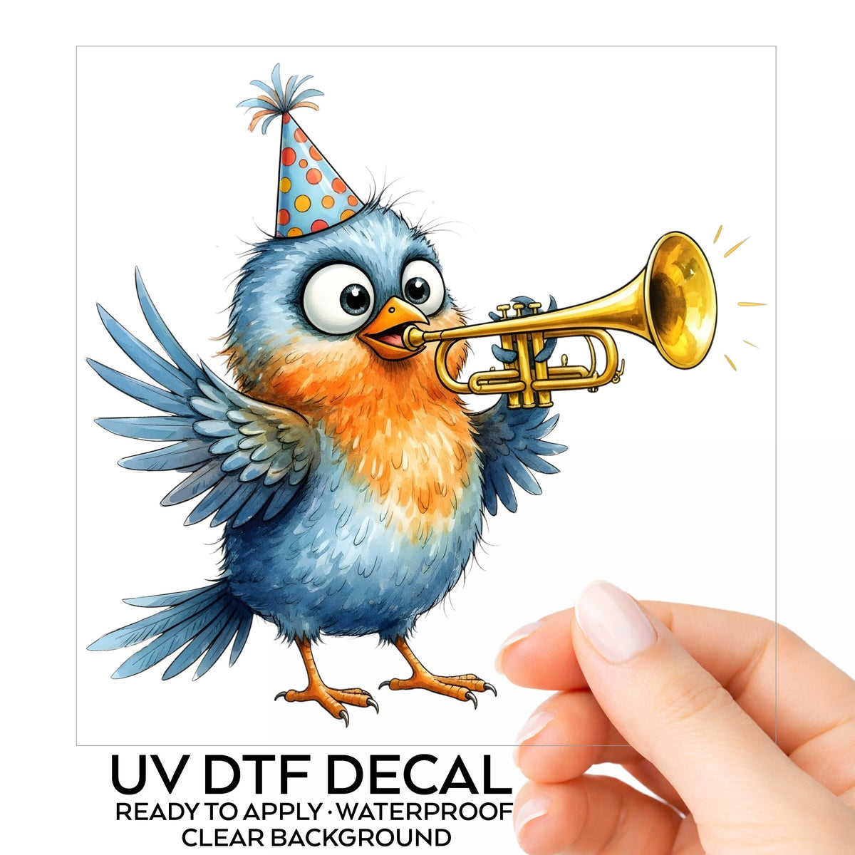 Party Hat Bird Trumpet UV DTF sticker on its backing card, held in hand