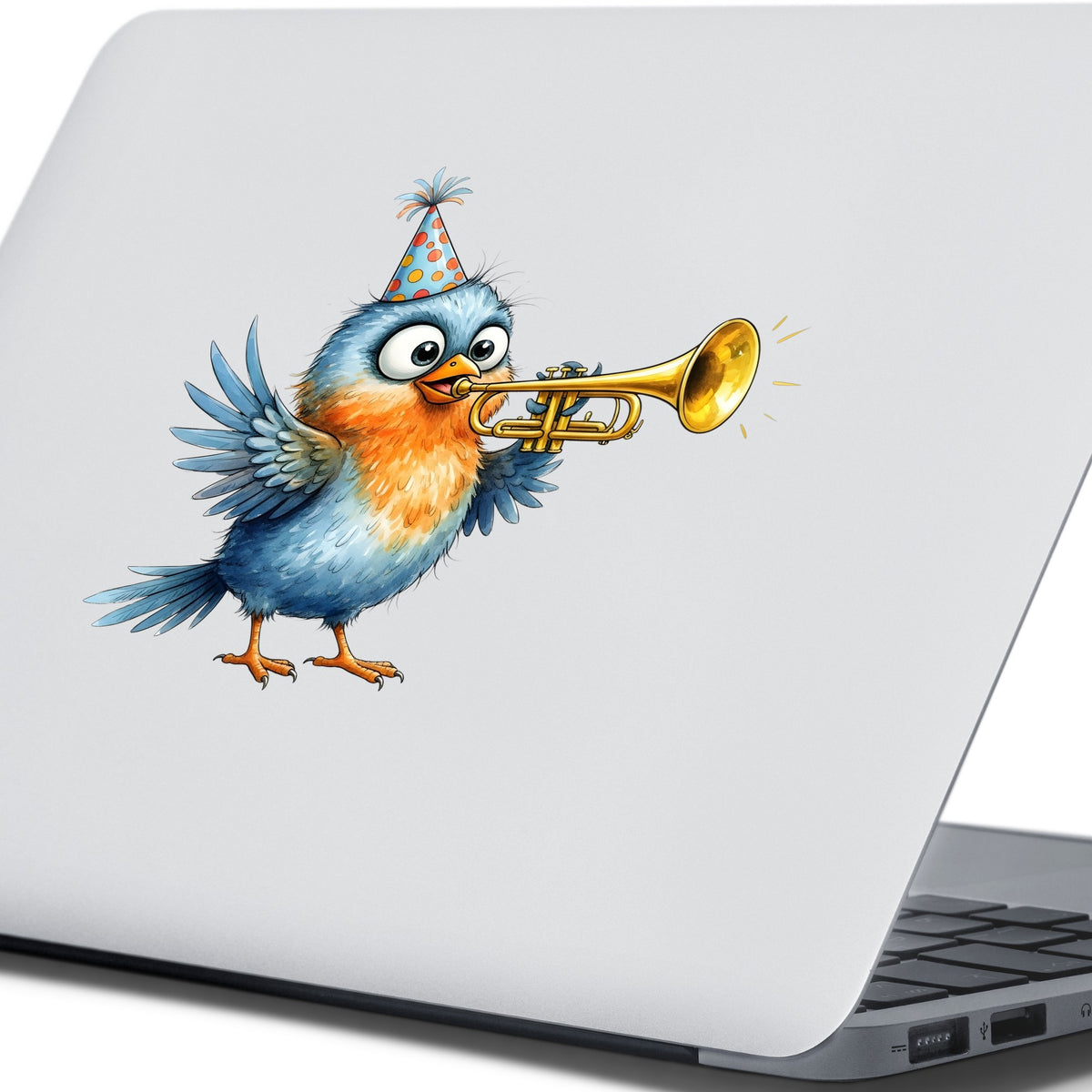 Party Hat Bird Trumpet UV DTF sticker applied to the lid of a silver laptop