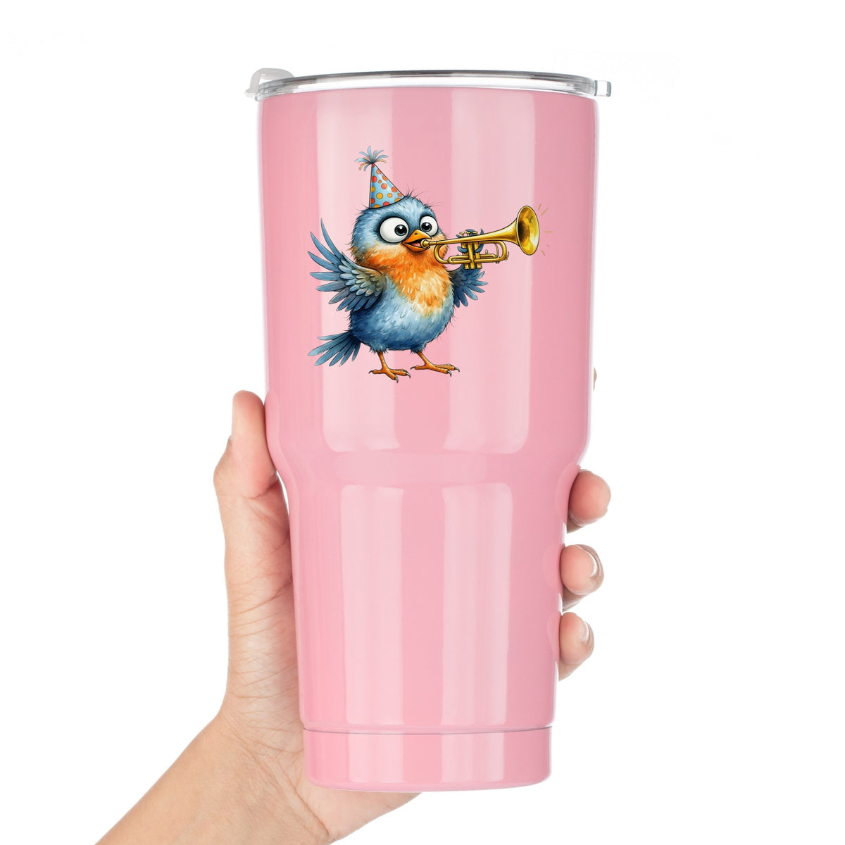 Party Hat Bird Trumpet UV DTF sticker applied to a pink tumbler held against a white background