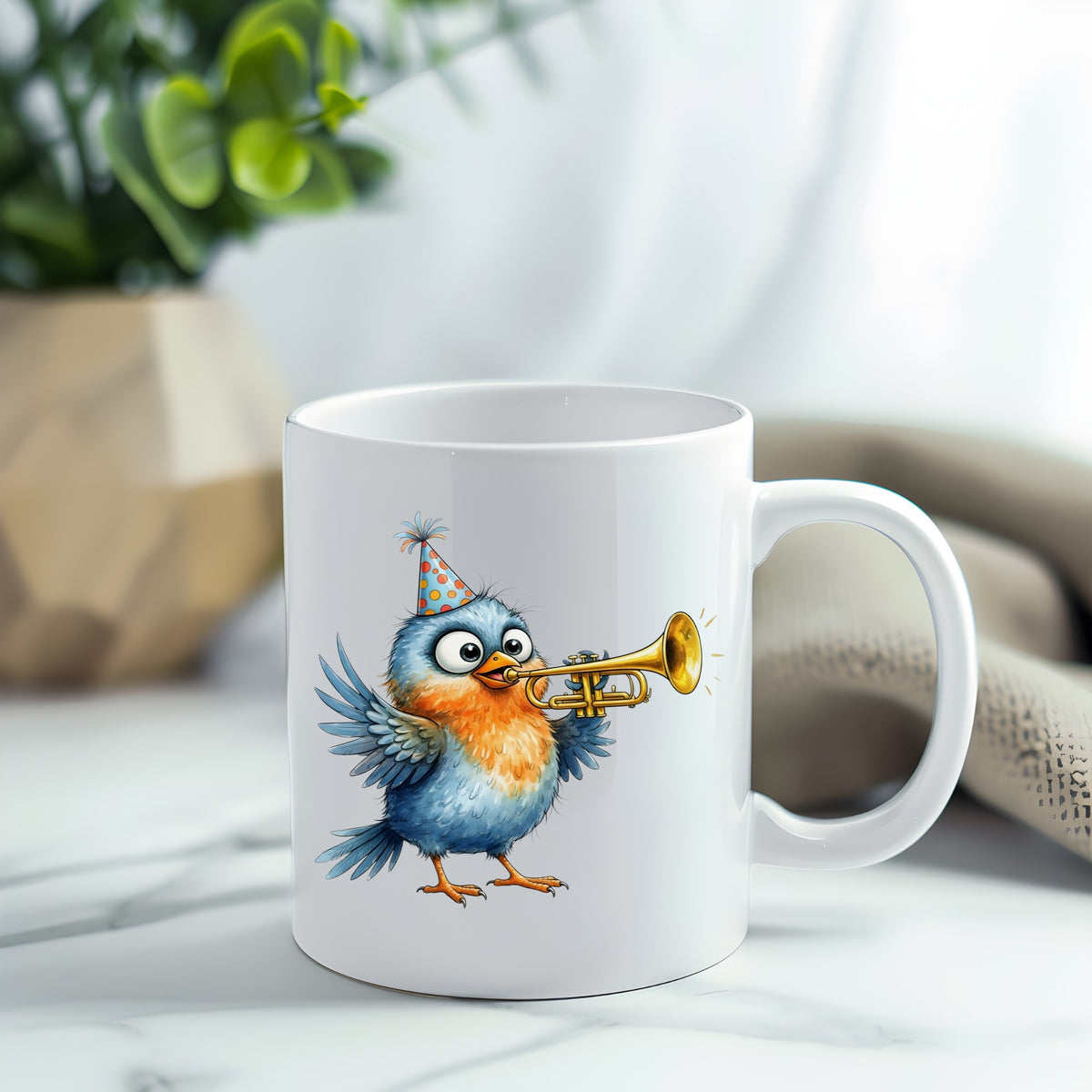 Party Hat Bird Trumpet UV DTF sticker applied to a white coffee mug