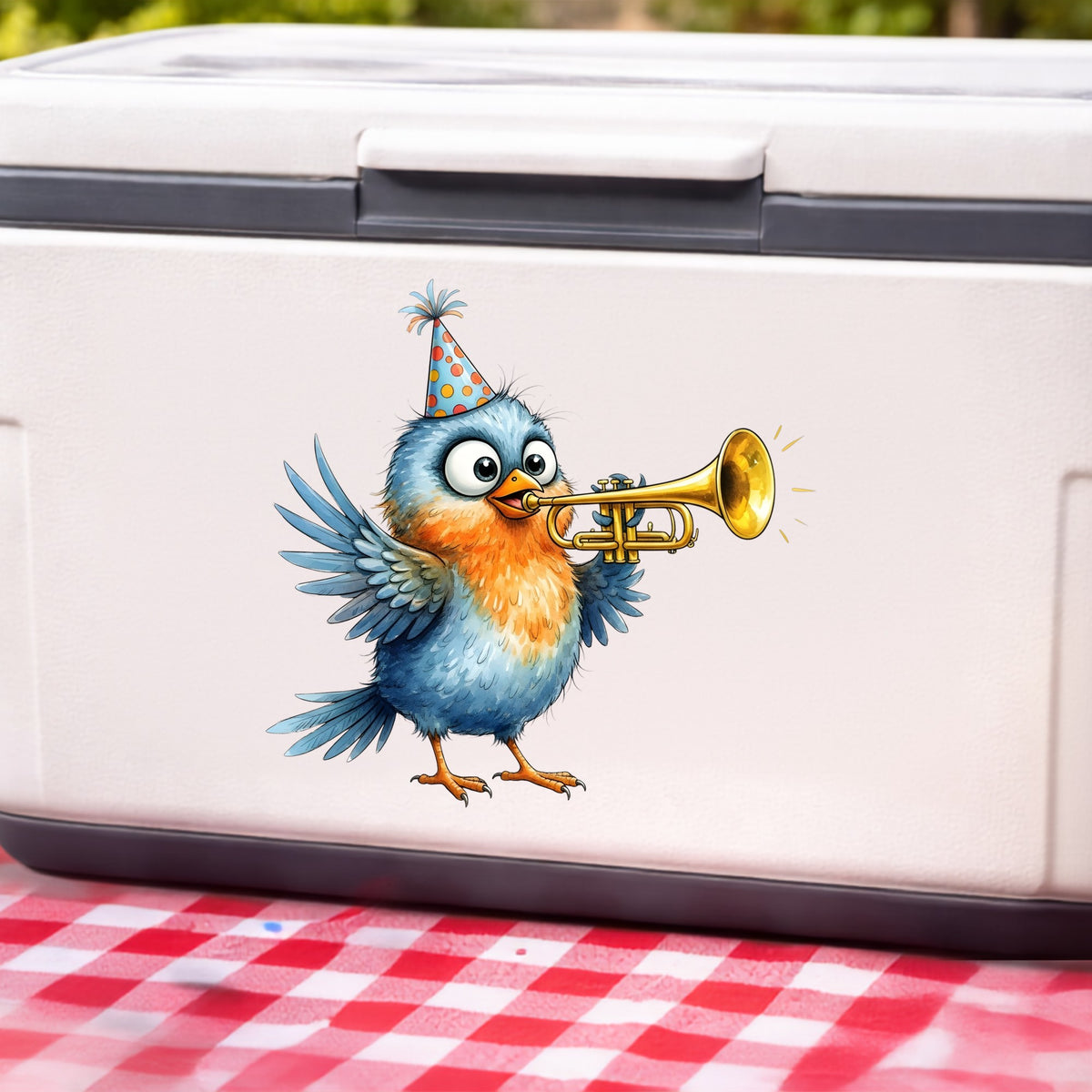 Party Hat Bird Trumpet UV DTF sticker applied to a white cooler on a red gingham cloth