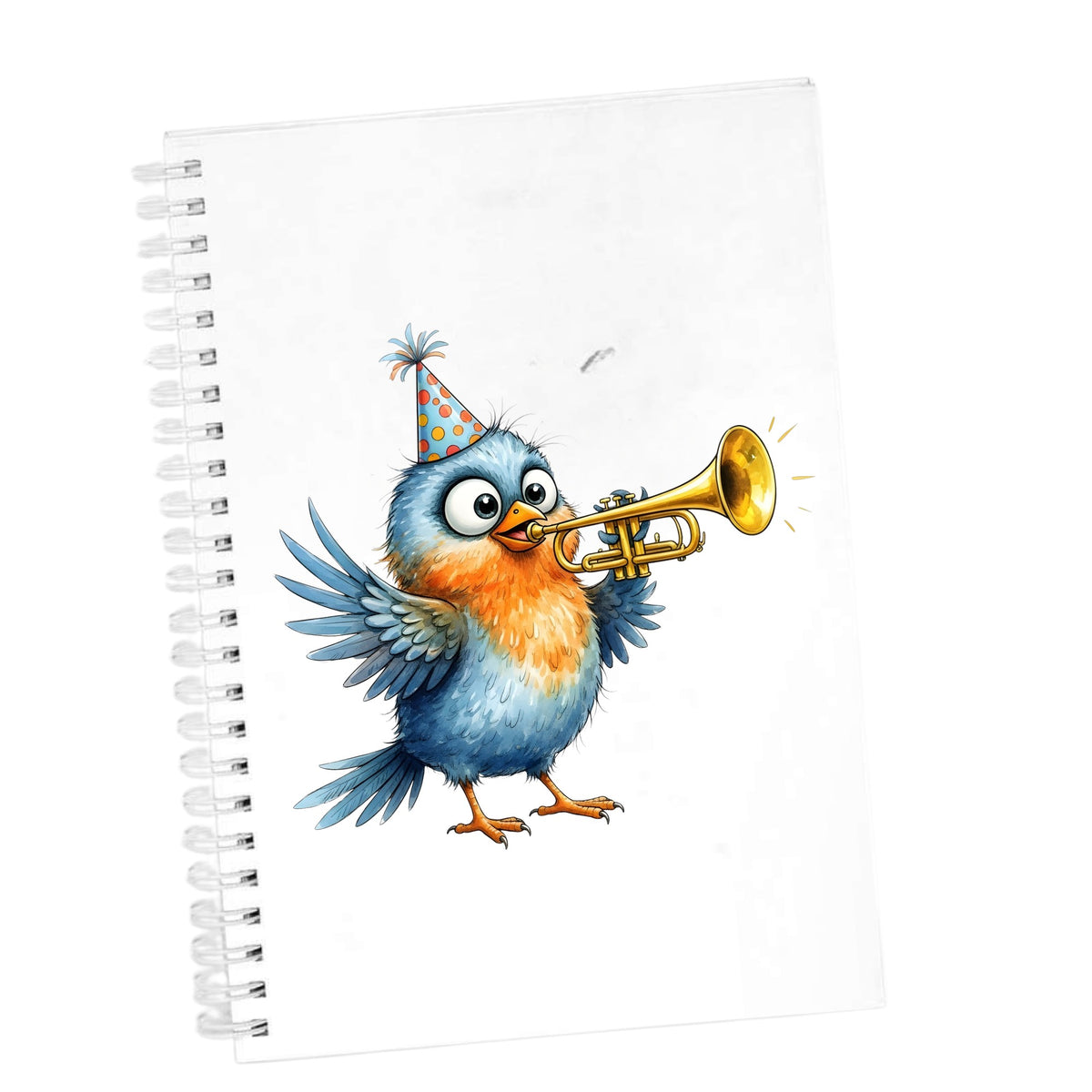 Party Hat Bird Trumpet UV DTF sticker applied to the cover of a white spiral journal