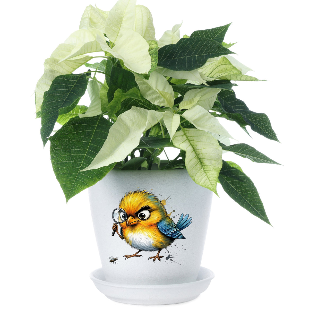 Yellow Bird Magnifying Glass Bug UV DTF sticker applied to a white flower pot