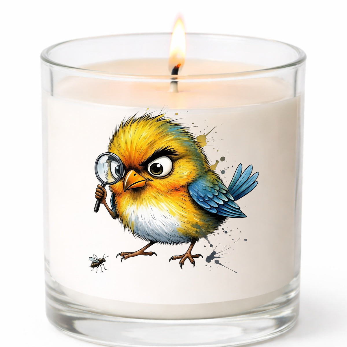 Yellow Bird Magnifying Glass Bug UV DTF sticker applied to a white candle in a clear glass jar