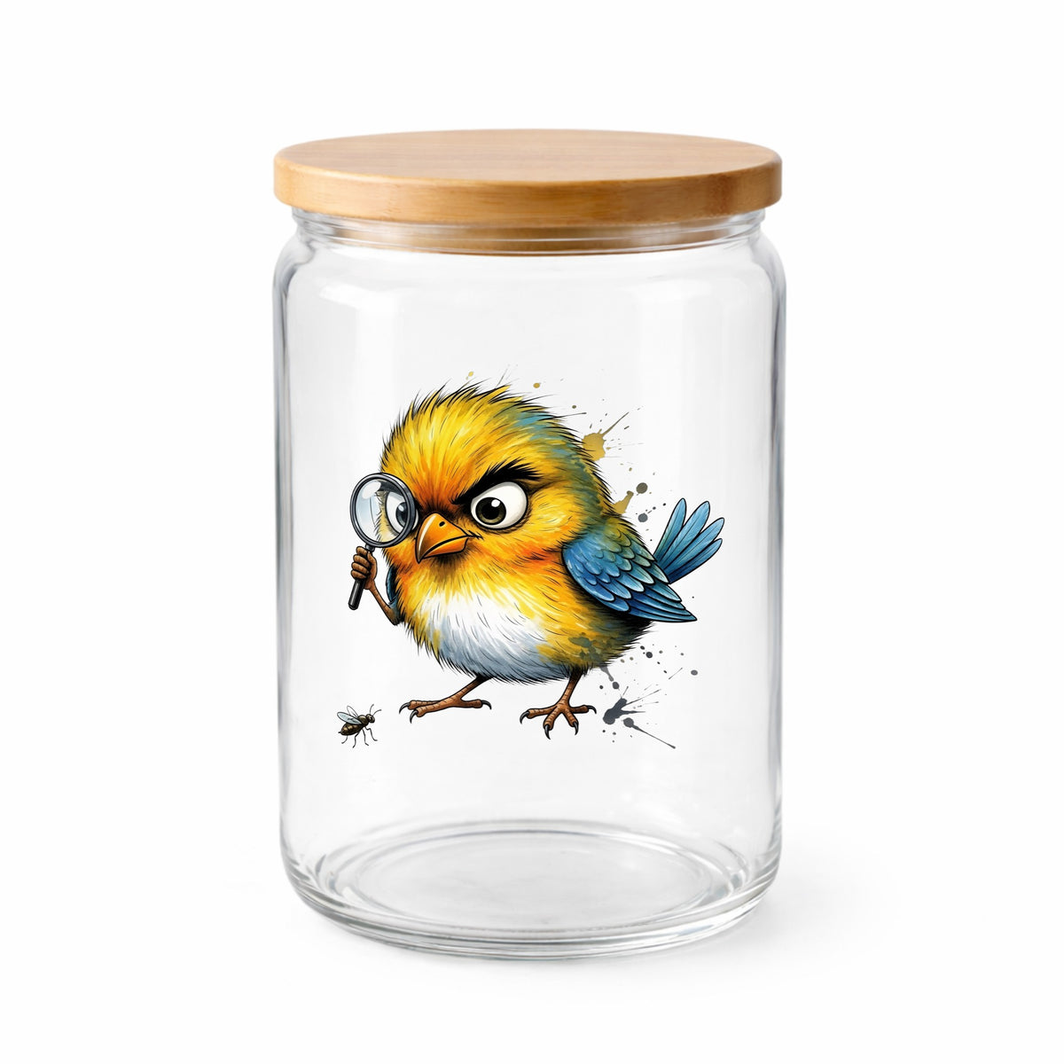 Yellow Bird Magnifying Glass Bug UV DTF sticker applied to a clear glass jar with a wooden lid