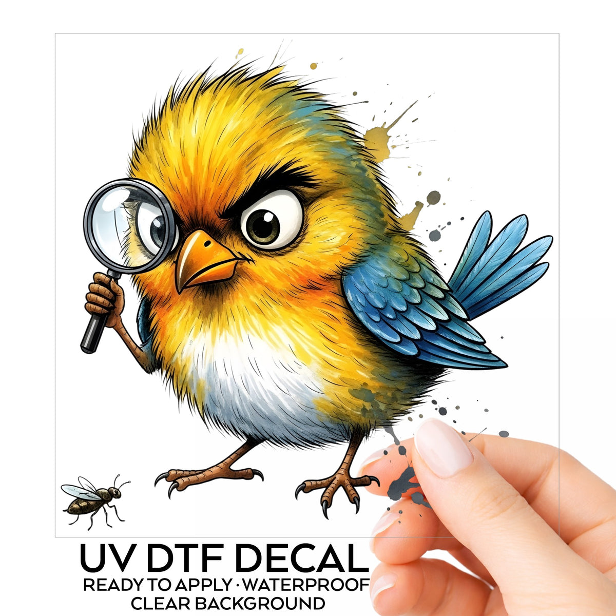 Yellow Bird Magnifying Glass Bug UV DTF sticker on its backing card, held in hand