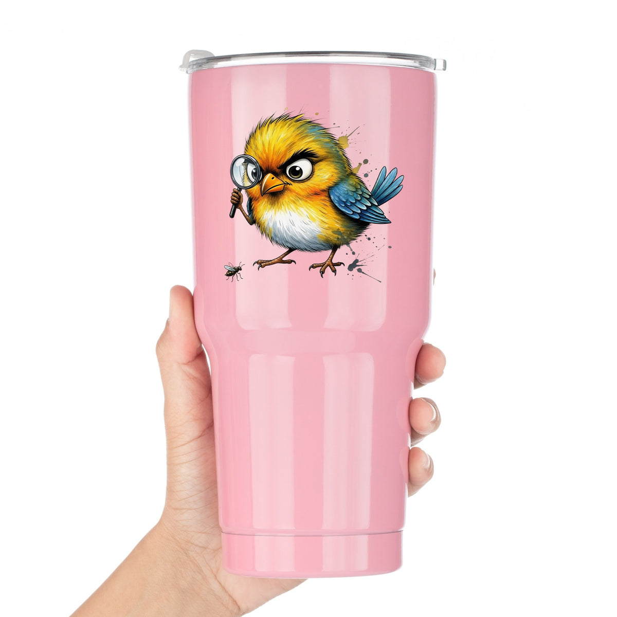 Yellow Bird Magnifying Glass Bug UV DTF sticker applied to a pink tumbler held against a white background