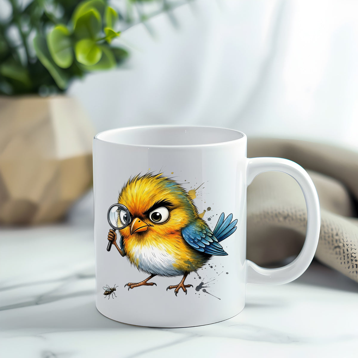Yellow Bird Magnifying Glass Bug UV DTF sticker applied to a white coffee mug