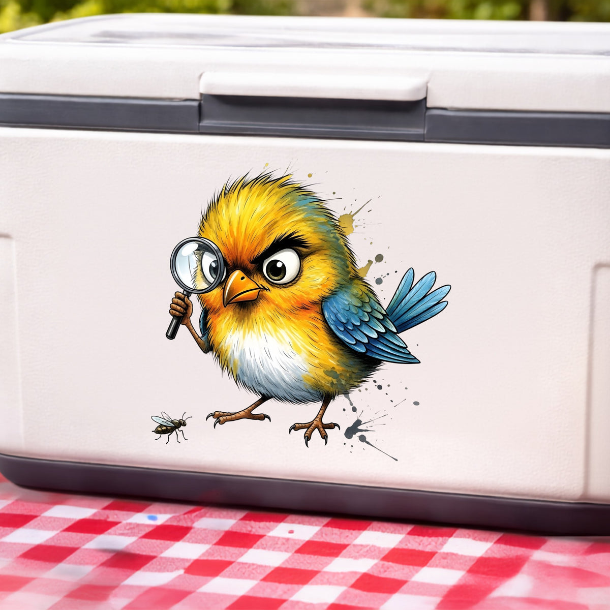 Yellow Bird Magnifying Glass Bug UV DTF sticker applied to a white cooler on a red gingham cloth