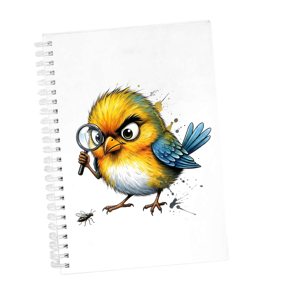 Yellow Bird Magnifying Glass Bug UV DTF sticker applied to the cover of a white spiral journal