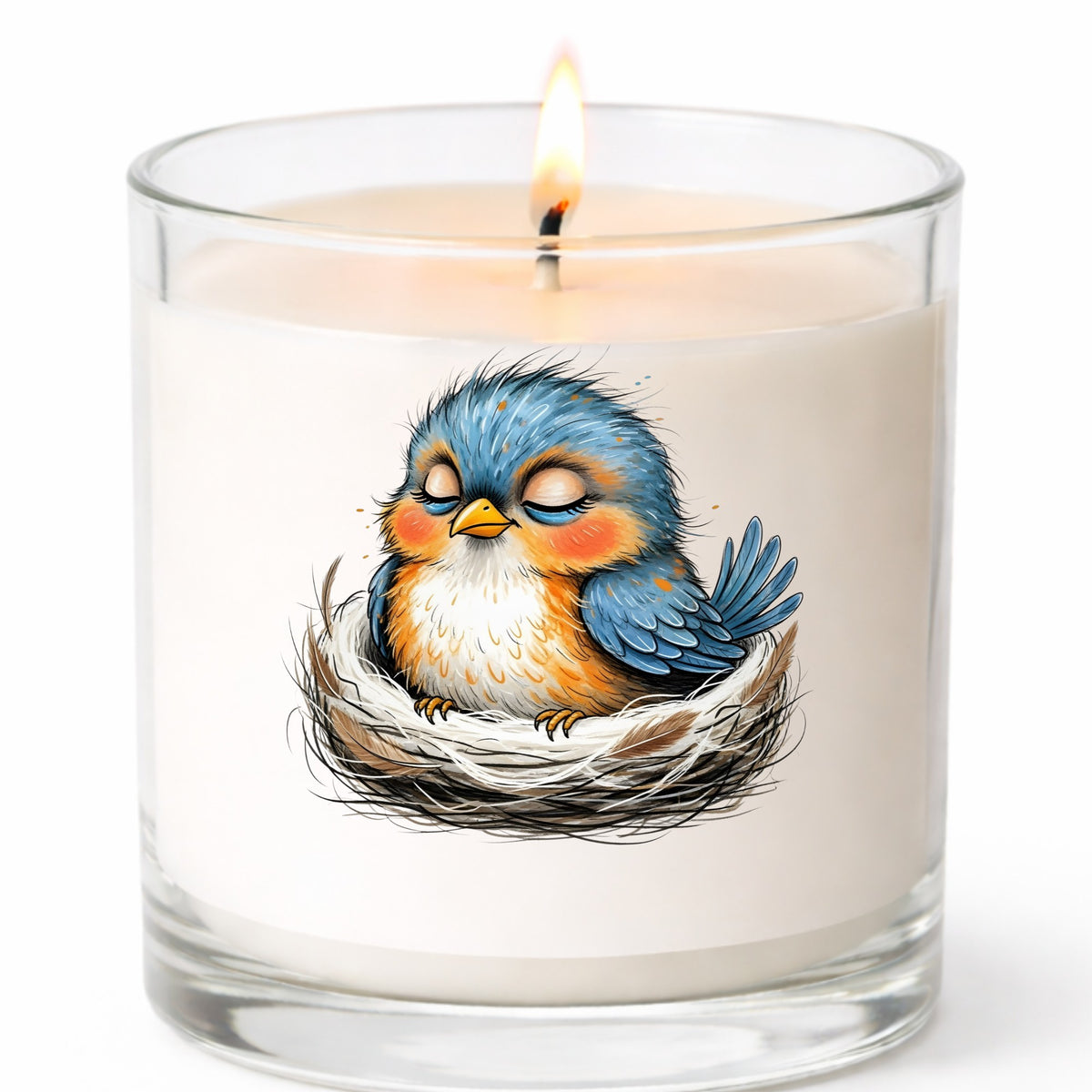 Sleeping Bird In Nest UV DTF sticker applied to a white candle in a clear glass jar