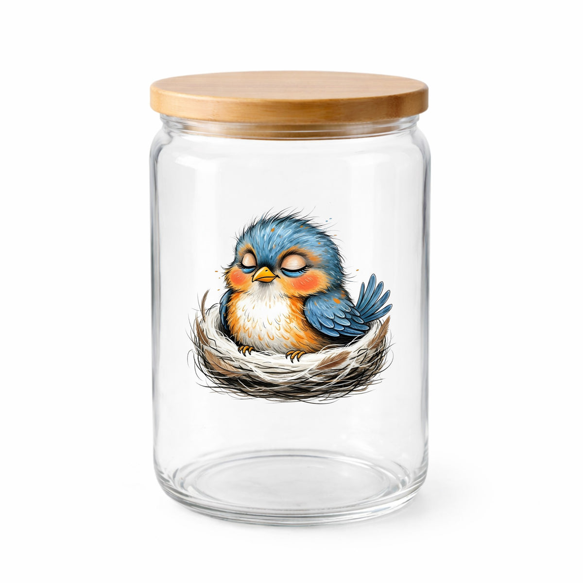 Sleeping Bird In Nest UV DTF sticker applied to a clear glass jar with a wooden lid