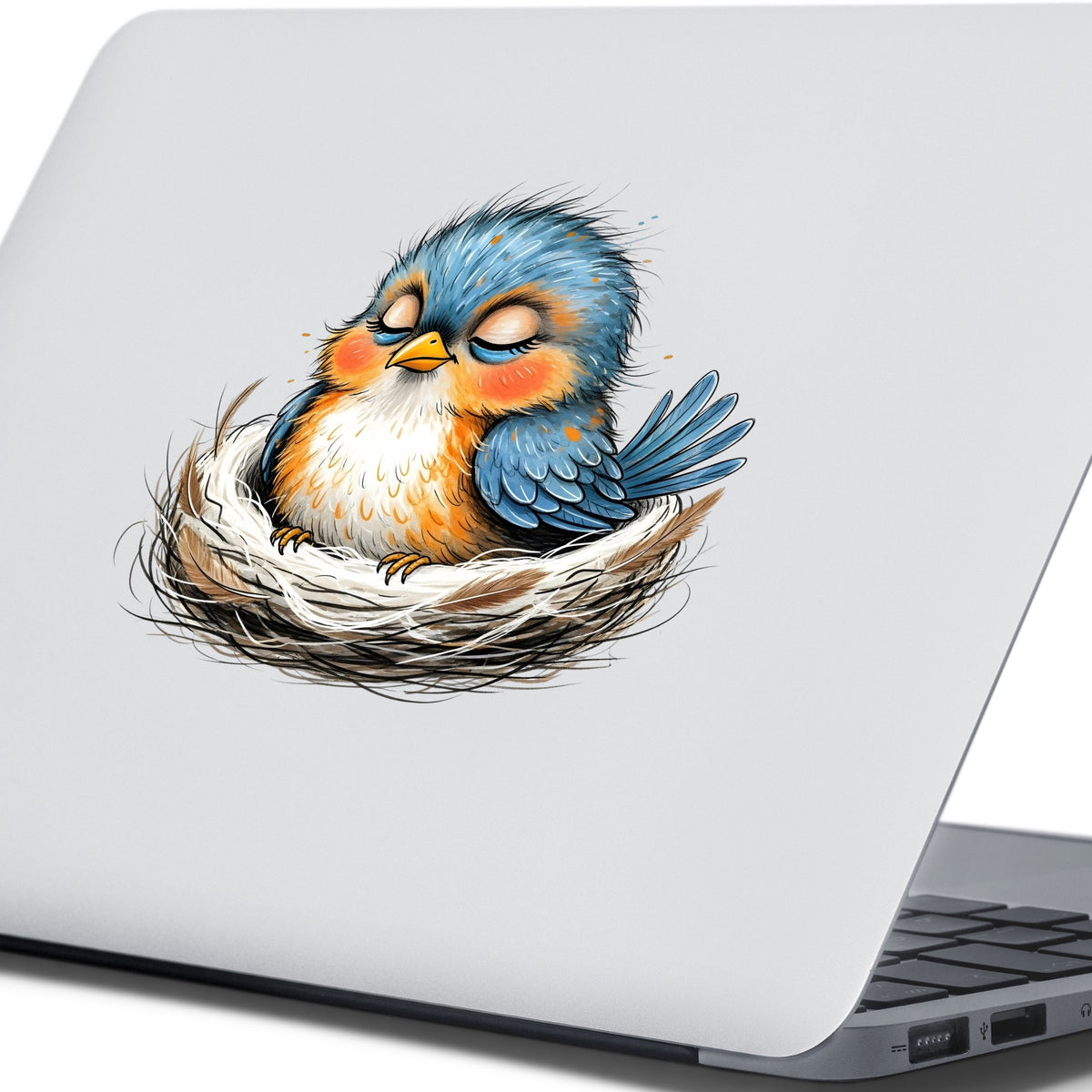 Sleeping Bird In Nest UV DTF sticker applied to the lid of a silver laptop