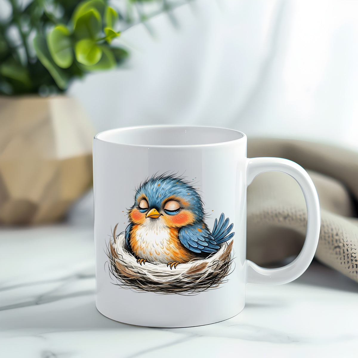 Sleeping Bird In Nest UV DTF sticker applied to a white coffee mug