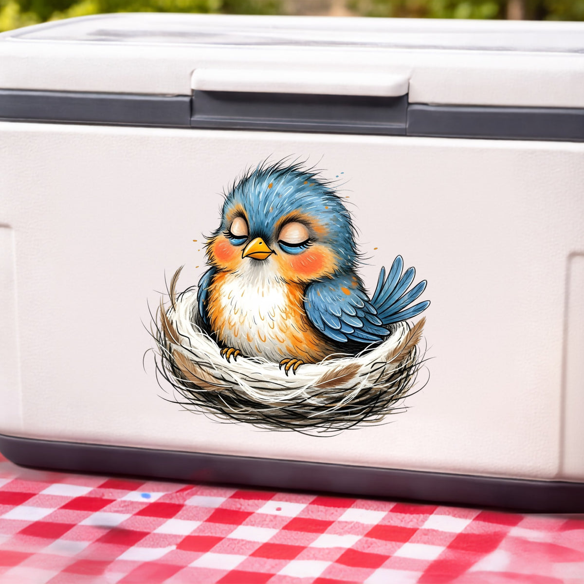 Sleeping Bird In Nest UV DTF sticker applied to a white cooler on a red gingham cloth