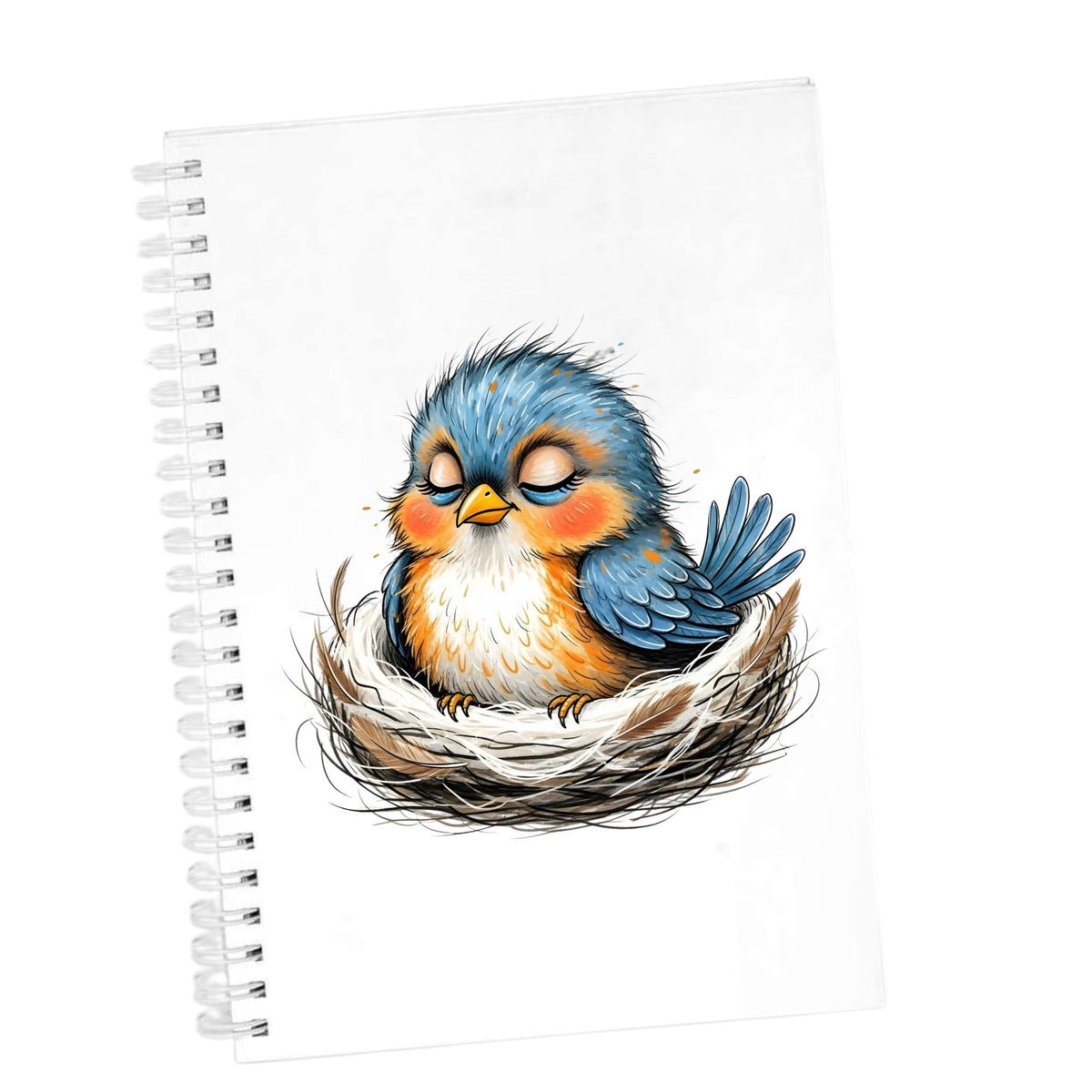 Sleeping Bird In Nest UV DTF sticker applied to the cover of a white spiral journal