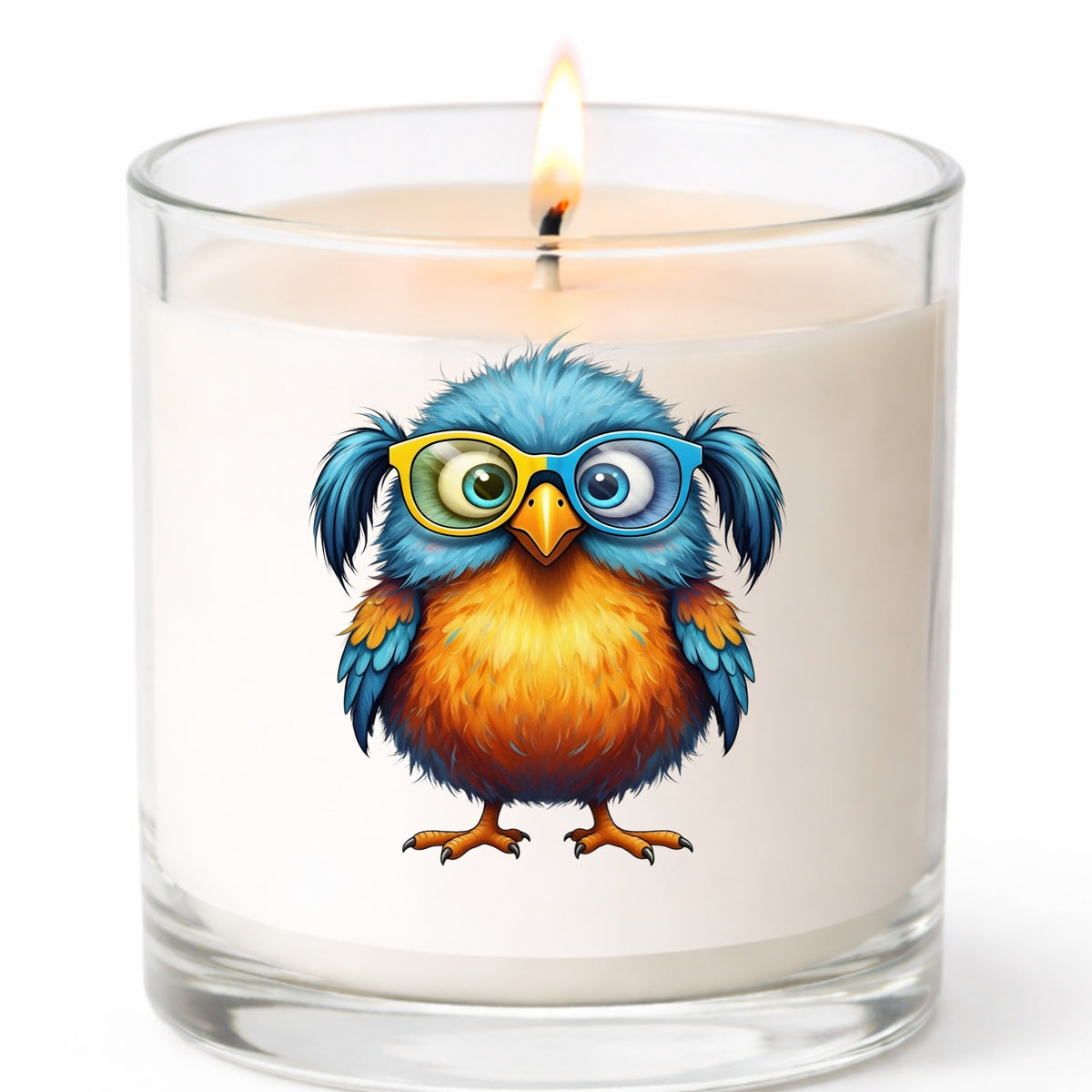 Bird With Big Yellow Glasses Pigtails UV DTF sticker applied to a white candle in a clear glass jar