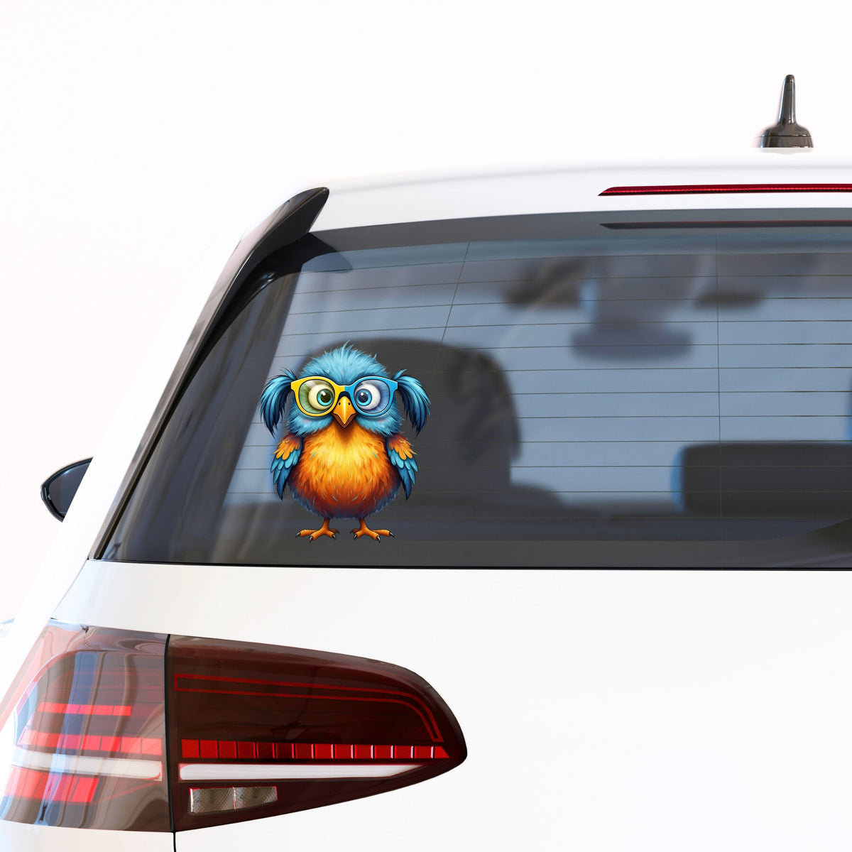 Bird With Big Yellow Glasses Pigtails UV DTF sticker applied to the rear window of a white car