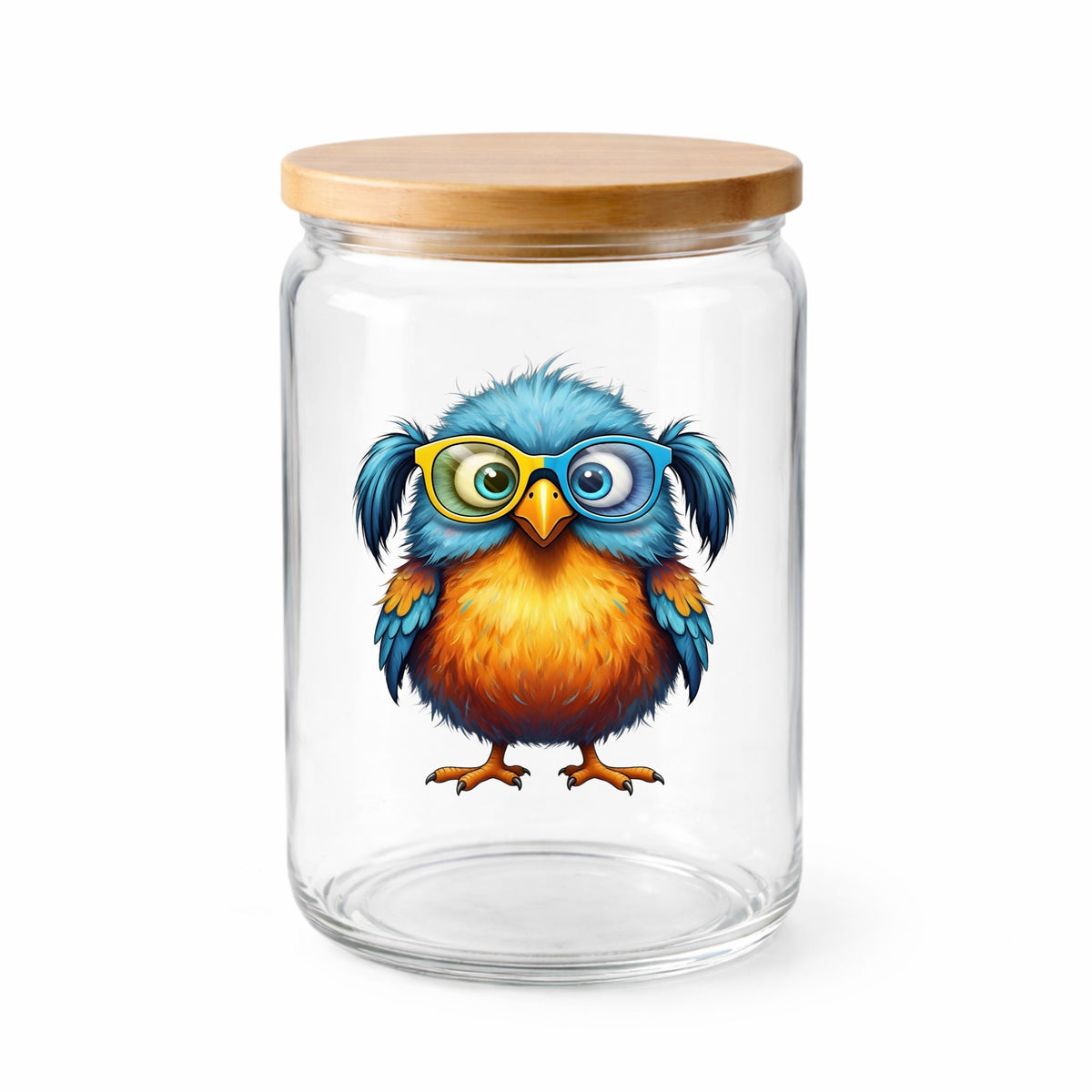 Bird With Big Yellow Glasses Pigtails UV DTF sticker applied to a clear glass jar with a wooden lid