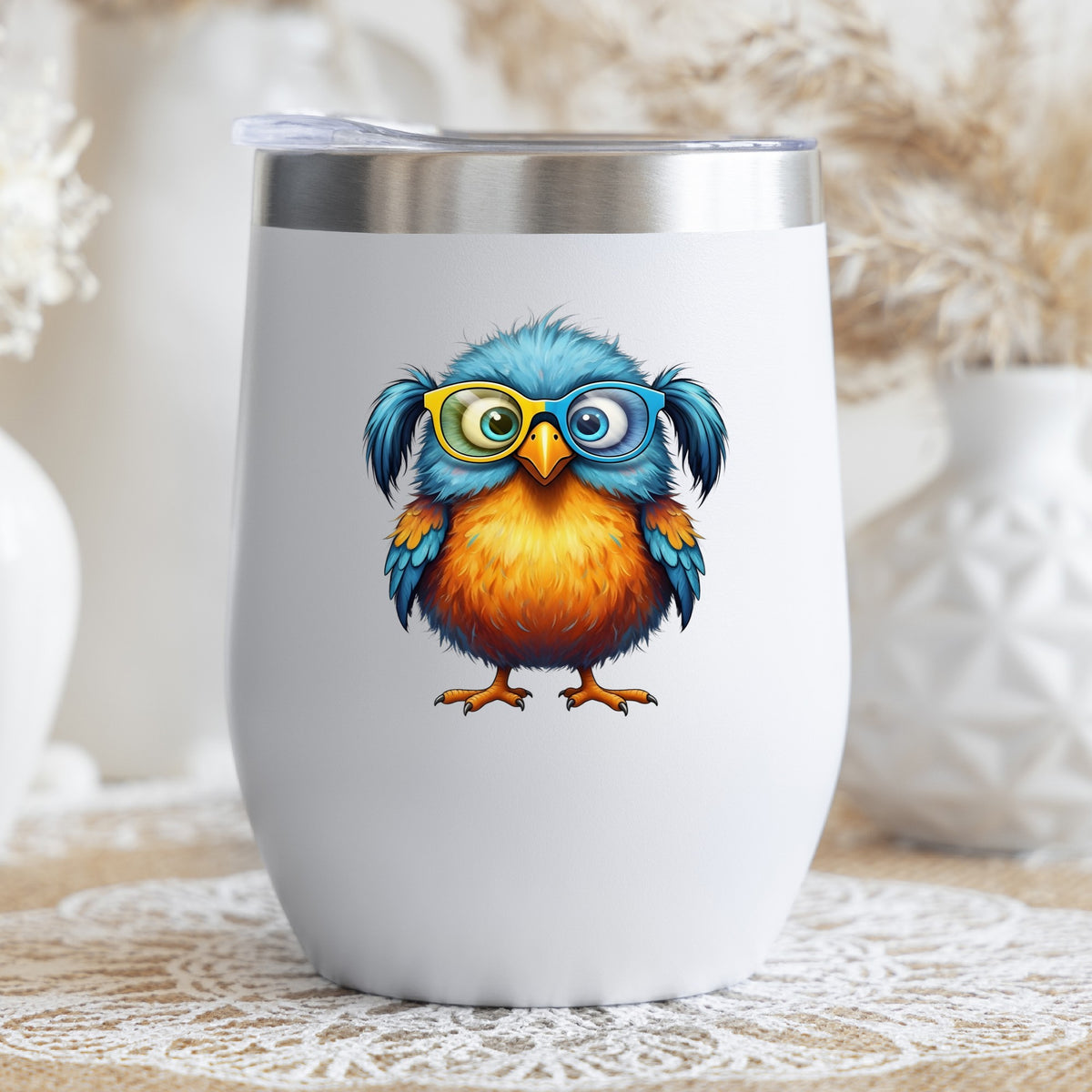 Bird With Big Yellow Glasses Pigtails UV DTF sticker applied to a white stemless tumbler with a lid
