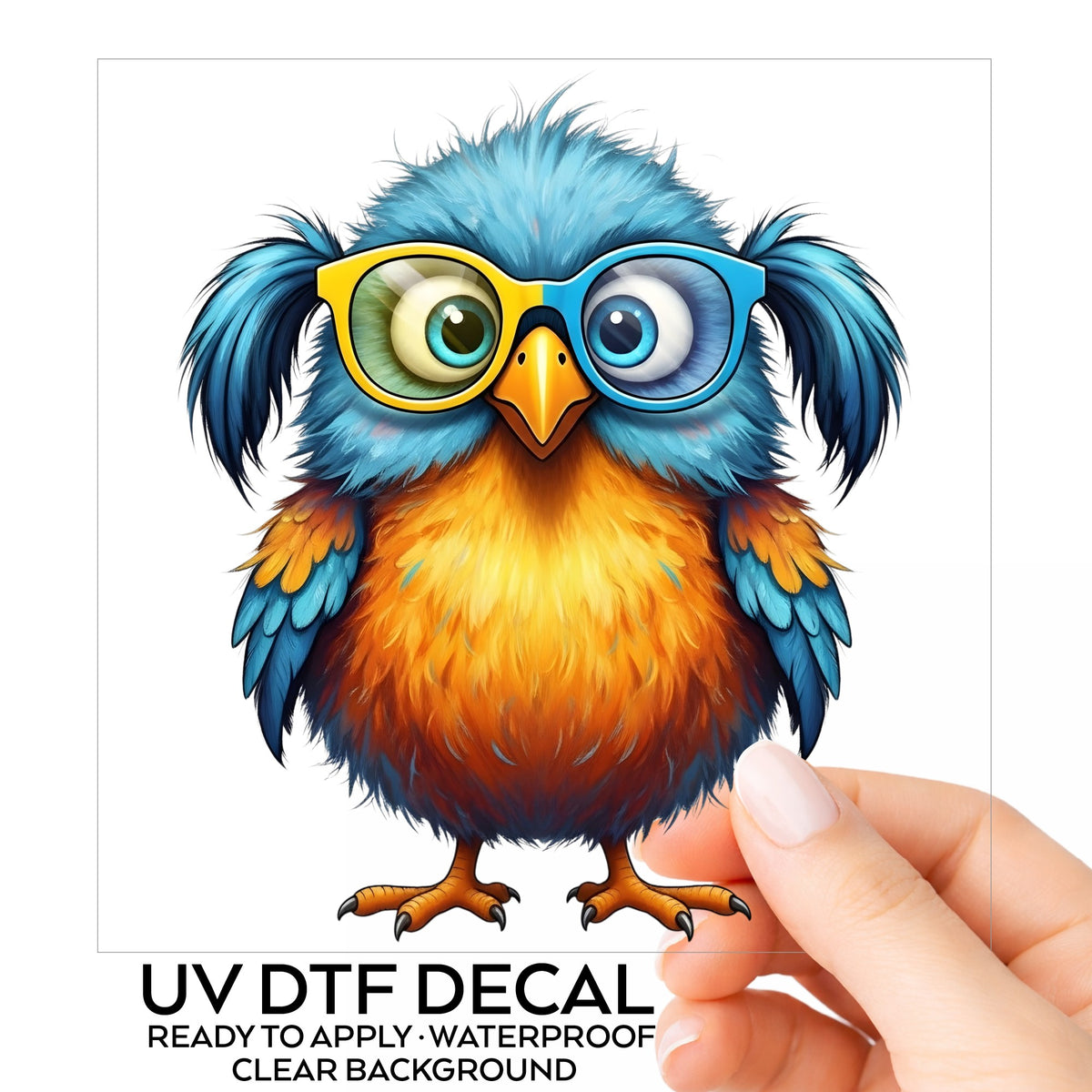 Bird With Big Yellow Glasses Pigtails UV DTF sticker on its backing card, held in hand