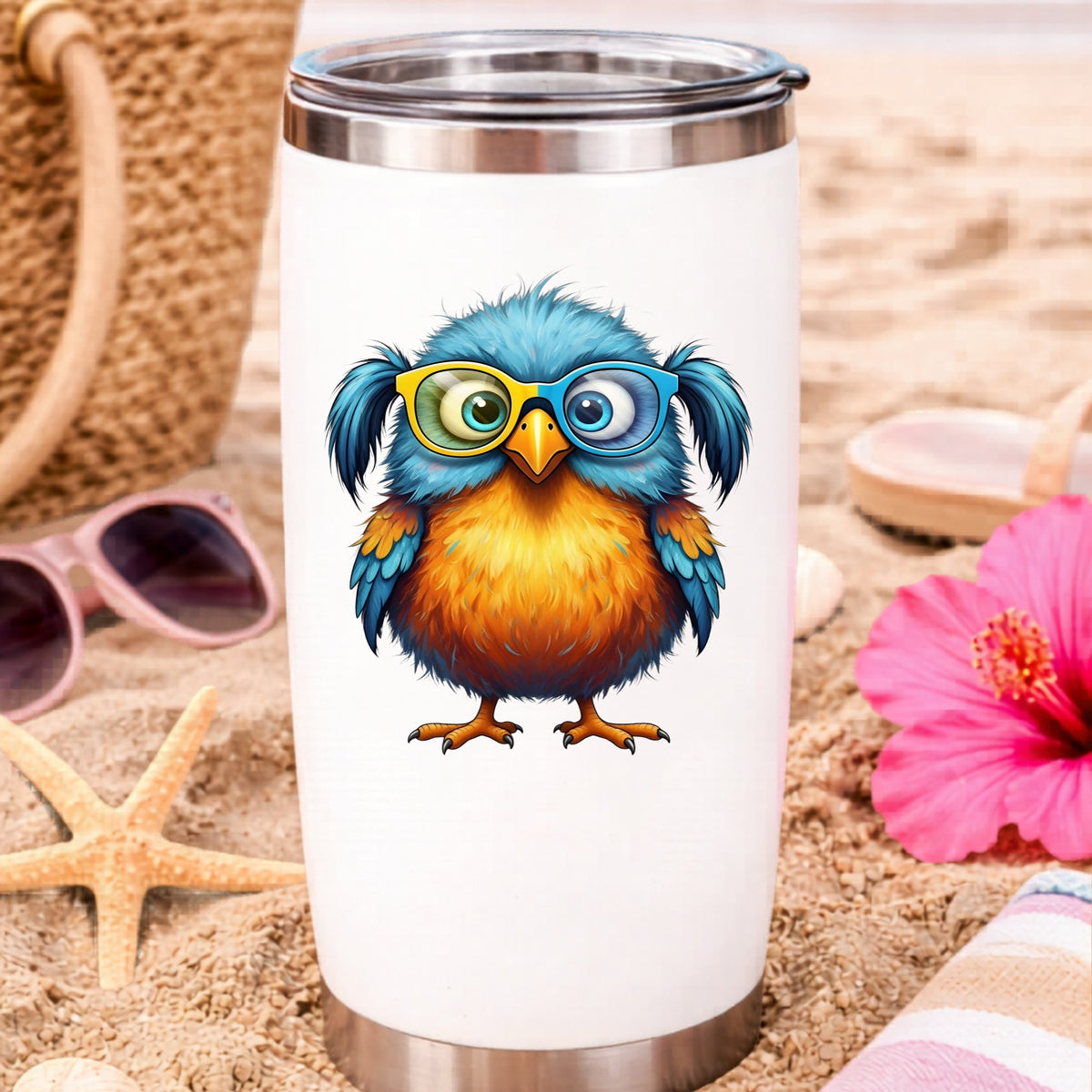 Bird With Big Yellow Glasses Pigtails UV DTF sticker applied to a white travel tumbler on beach sand