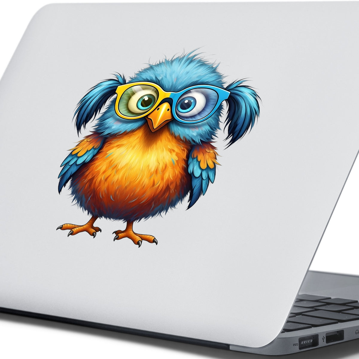 Bird With Big Yellow Glasses Pigtails UV DTF sticker applied to the lid of a silver laptop