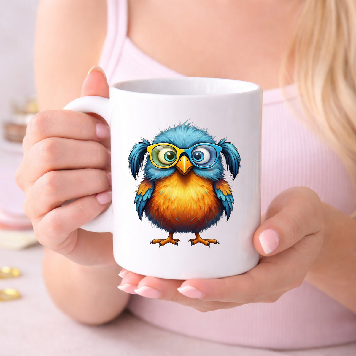 Bird With Big Yellow Glasses Pigtails UV DTF sticker applied to a white coffee mug held in both hands